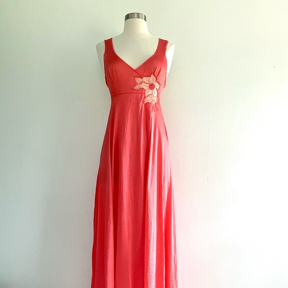 Vintage 70’s coral red orange lace flower slip gown dress & robe jacket set - Picture 3 of 16